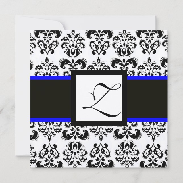 Invitation BLACK WHITE DAMASK MONOGRAM Champagne Metallic (Devant)