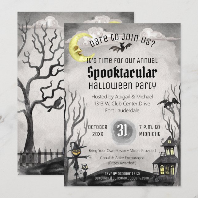Invitation Black White Déplaisant Costume Party Halloween Éff (Devant / Derrière)