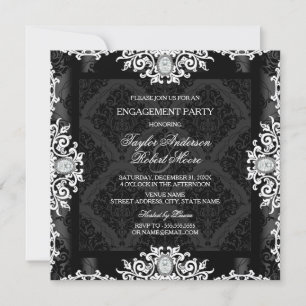 Invitation Black & White Diamond Damask Engagement Party