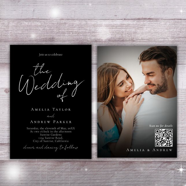 Invitation Black White Elegant Script Photo QR Code Mariage (Créateur téléchargé)