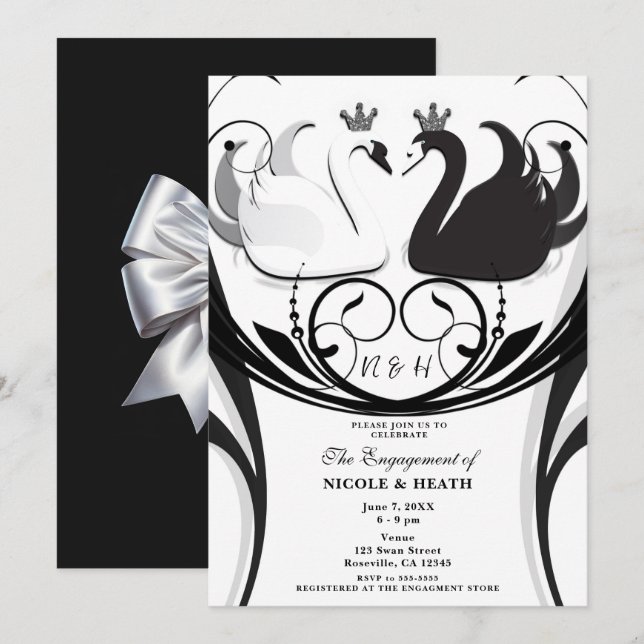 Invitation Black & White Elegant Swan Princess Fiançailles (Devant / Derrière)