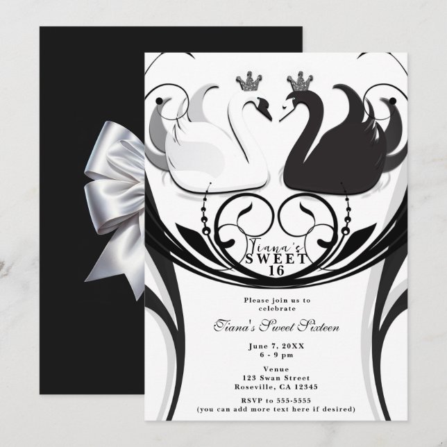 Invitation Black & White Elegant Swan Princess Sweet 16 Party (Devant / Derrière)