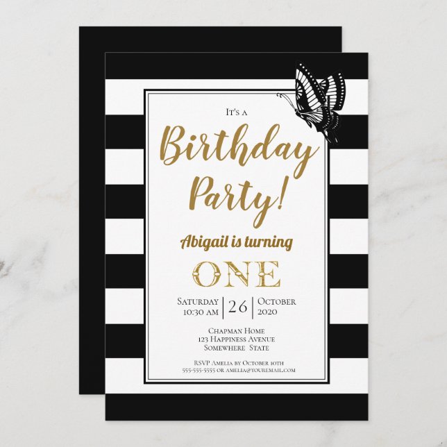 Invitation Black White et Gold 1er anniversaire (Devant / Derrière)