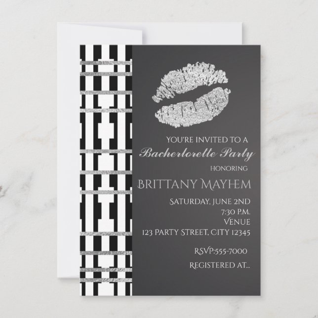 Invitation Black White & Faux Silver Beauté Lips Kiss Party (Devant)