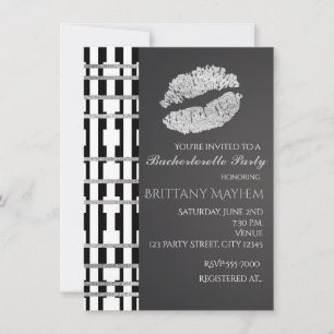Invitation Black White & Faux Silver Beauté Lips Kiss Party
