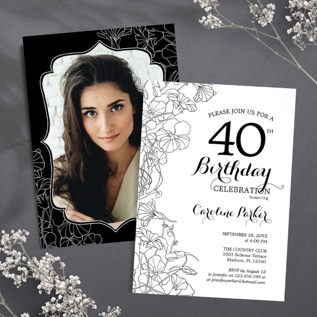 Invitation Black White Floral Photo 40th Birthday Party (Créateur téléchargé)