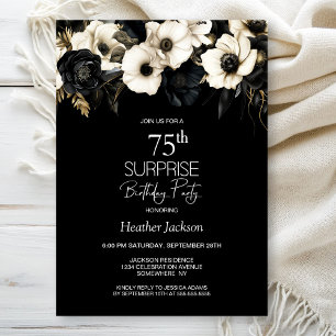Invitation Black White Floral Surprise 75e anniversaire