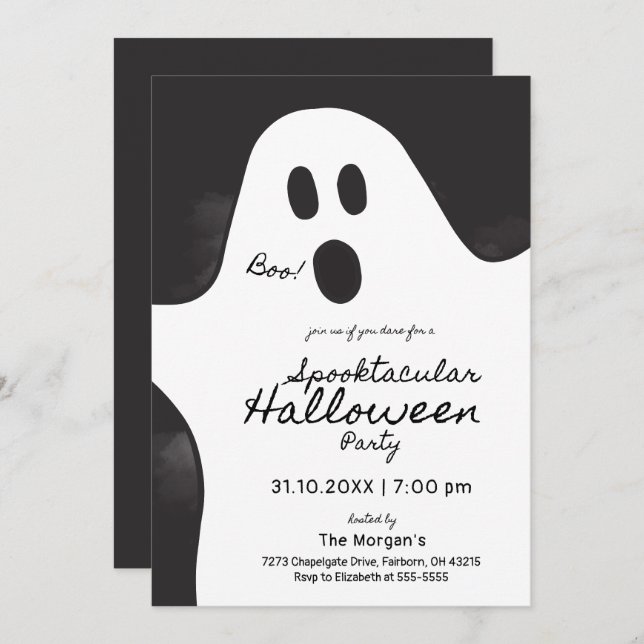 Invitation Black & White Ghost Spooktacular Halloween Party (Devant / Derrière)