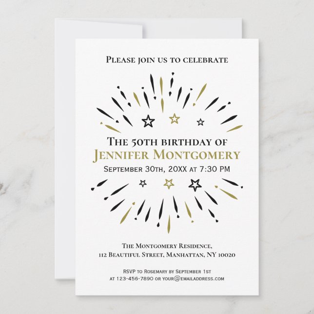 Invitation Black White Gold 50th Birthday Party Fireworks (Devant)