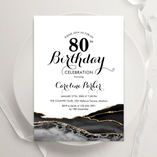 Invitation Black White Gold Agate 80e anniversaire (Créateur téléchargé)