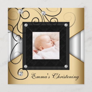 Invitation Black White Gold Baby Girl Photo Christening
