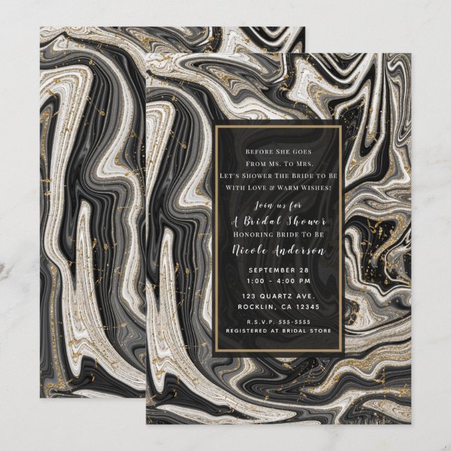 Invitation Black White & Gold Chic Swirl Fête des mariées mod (Devant / Derrière)