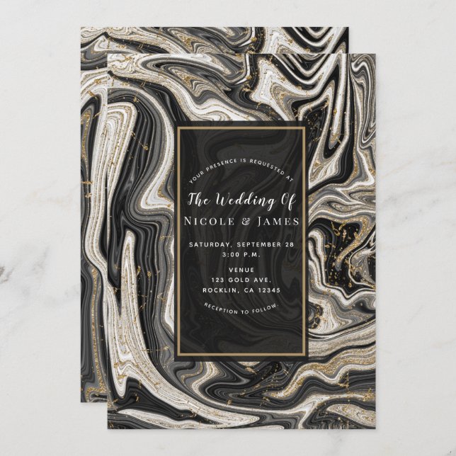 Invitation Black White & Gold Chic Swirl Mariage moderne (Devant / Derrière)