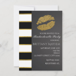 Invitation Black White & Gold Faux Shimmer Lièvres Kiss Party