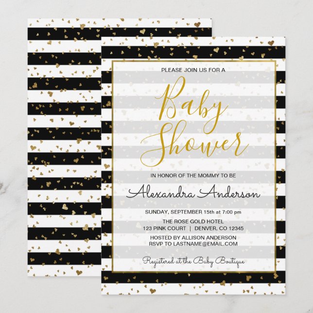 Invitation Black & White Gold Foil Coeurs Baby shower fille (Devant / Derrière)