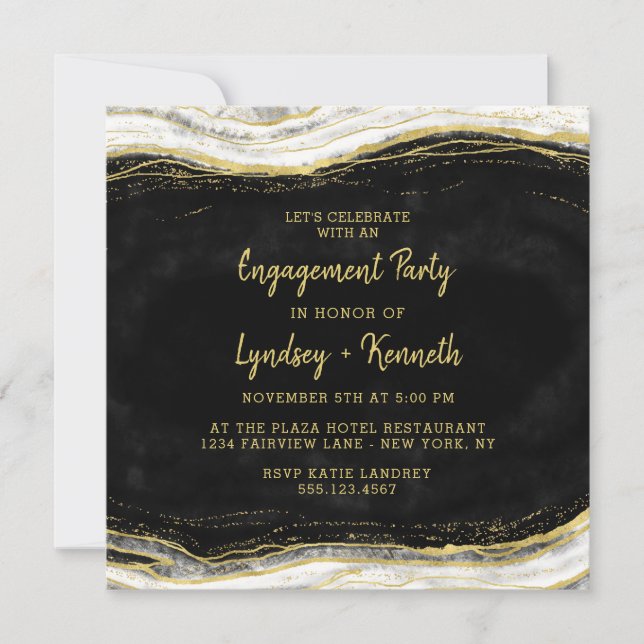 Invitation Black White & Gold Géode Agate Party (Devant)
