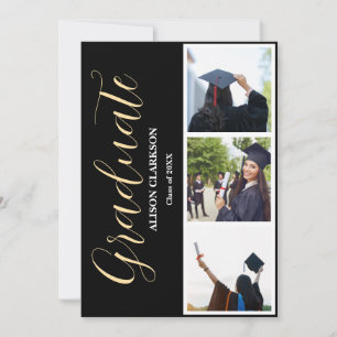Invitation Black & White Gold Graduation 2025 3 Photos Party