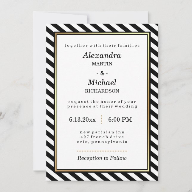 Invitation Black White Gold Moderne Grilles Mariage (Devant)