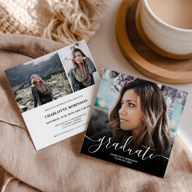 Invitation Black white graduate script photo graduation (Black white graduate script photo graduation invitation)