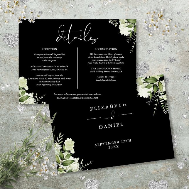 Invitation Black White Greenery Détails du Mariage Informatio (Black White Greenery Wedding Details Info Card)