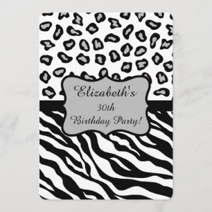 Invitation Black White Grey Zebra Leopard Peau 30e anniversai