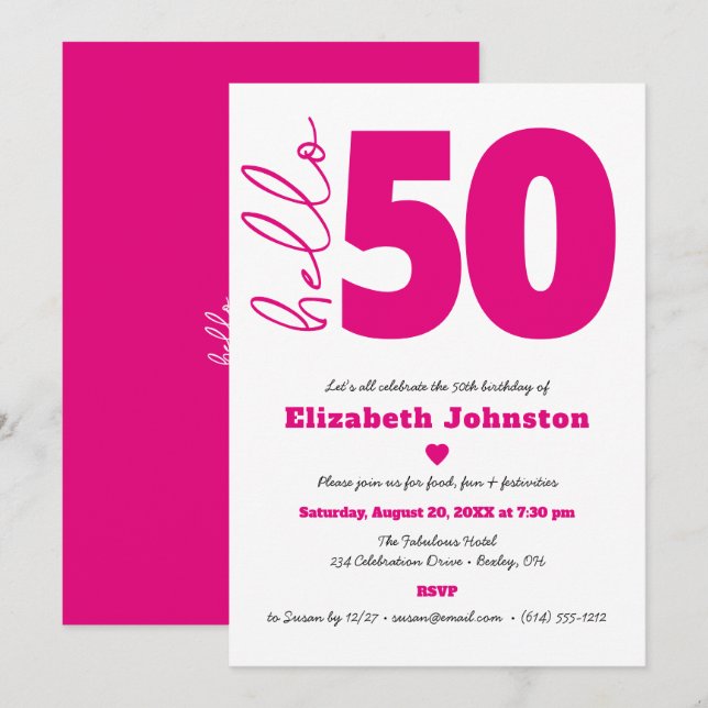 Invitation Black White Hot Pink Hello 50 Fabulous Birthday (Devant / Derrière)