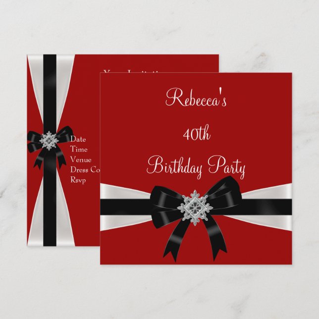 Invitation Black White Jewel Bow 40e Elégant Anniversaire Rou (Devant / Derrière)