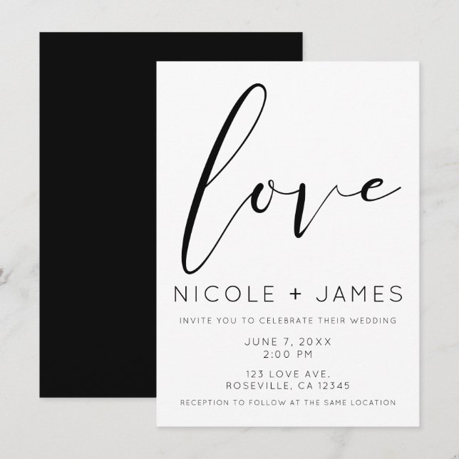 Invitation Black & White LOVE Minimal Mariage moderne (Devant / Derrière)