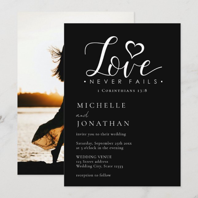 Invitation Black White Love Never Fails Bible Photo Mariage (Devant / Derrière)