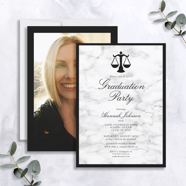 Invitation Black White Marble Law School Party de graduation (Créateur téléchargé)