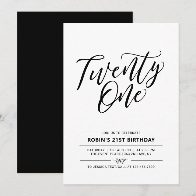 Invitation Black & White Minimal 21e fête d'anniversaire (Devant / Derrière)