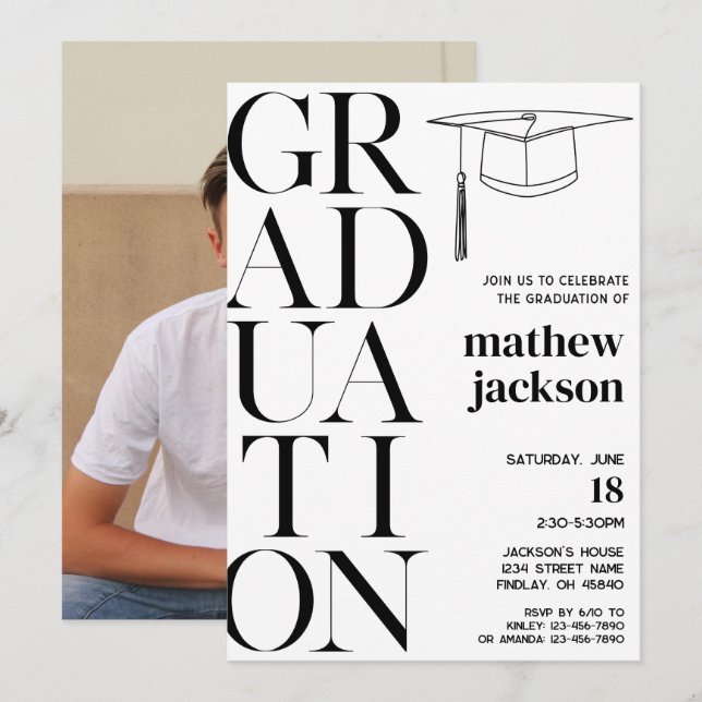 Invitation Black White Minimalist '24 Graduation Party (Devant / Derrière)
