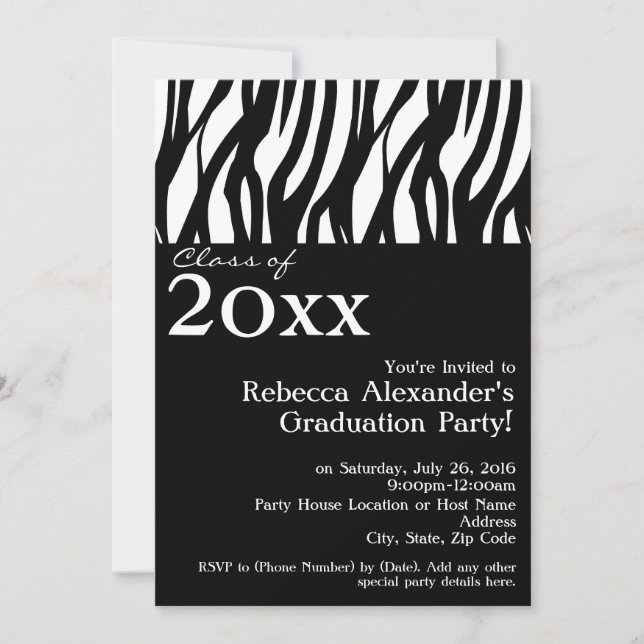 Invitation Black+White Mod Zebra Graduation Party (Devant)