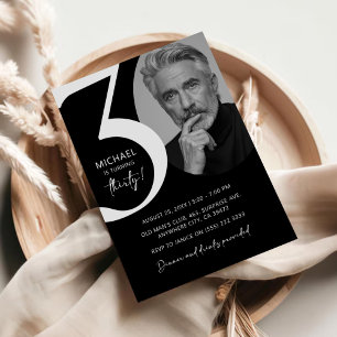 Invitation Black & White moderne 30ème Photo Anniversaire
