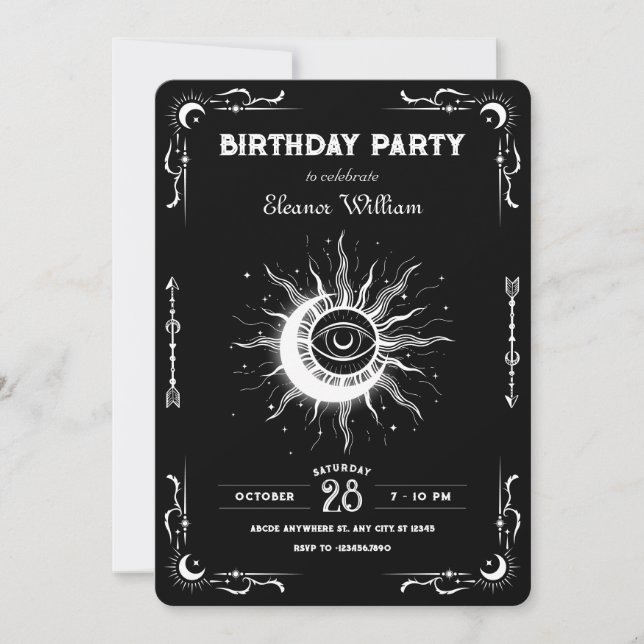 Invitation Black white moon sun tarot celestial birthday (Devant)