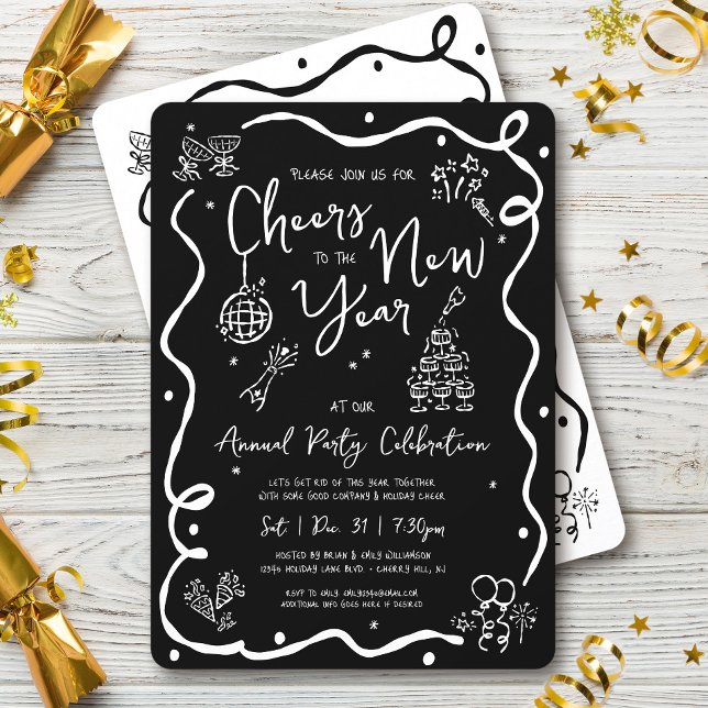 Invitation Black White New Year Cheer Hand Drawn Sketch Party (Créateur téléchargé)