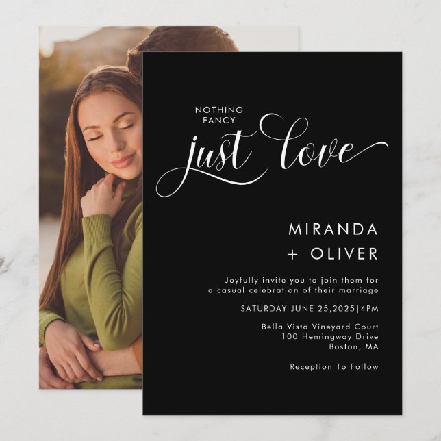 Invitation Black White Nothing Fancy Just Love Photo Mariage (Devant / Derrière)