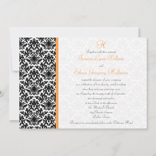 Invitation Black, White, Orange Mariage damassé (Devant)