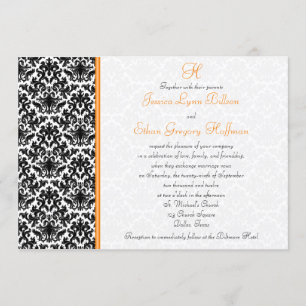 Invitation Black, White, Orange Mariage damassé