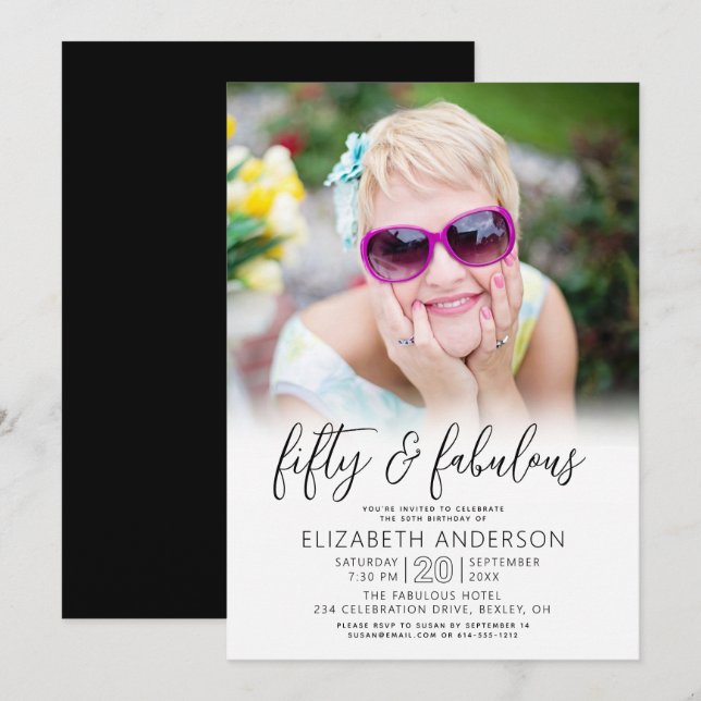 Invitation Black White Photo 50 Fabulous Birthday Script Bold (Devant / Derrière)