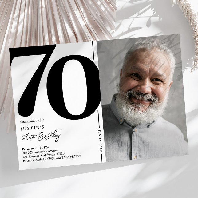Invitation Black White Photo 70th Birthday Party (Créateur téléchargé)