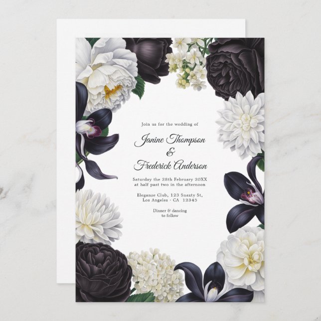 Invitation Black & White Photo/QR Code Floral Wedding (Devant / Derrière)