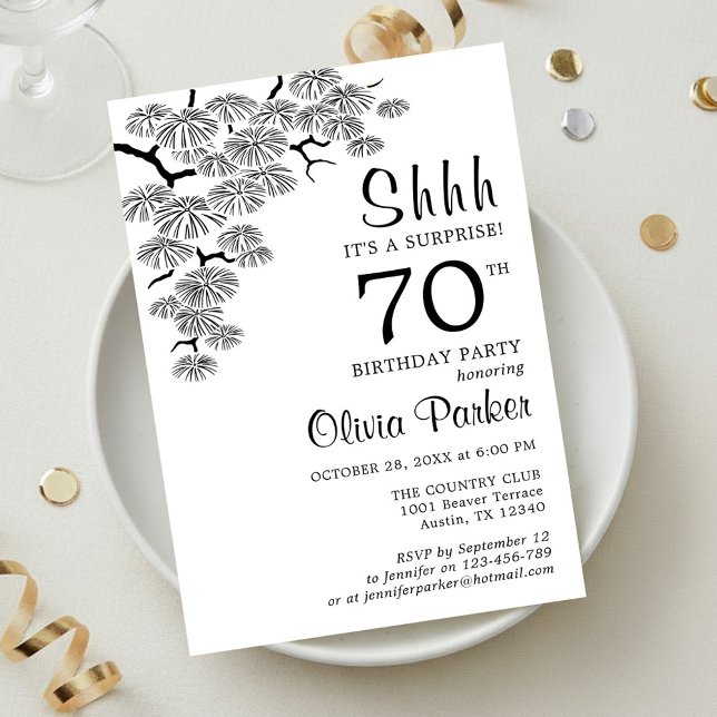Invitation Black White Pine Branch Surprise 70th Birthday (Créateur téléchargé)