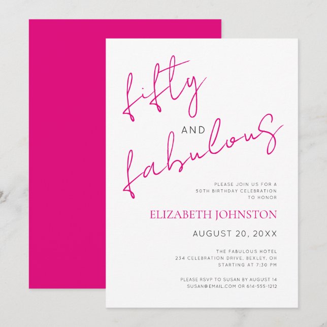 Invitation Black White Pink 50 and Fabulous Birthday Minimal (Devant / Derrière)