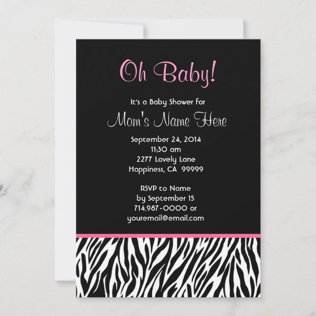 Invitation Black White Pink Zebra Baby shower d'impression V0 (Devant)
