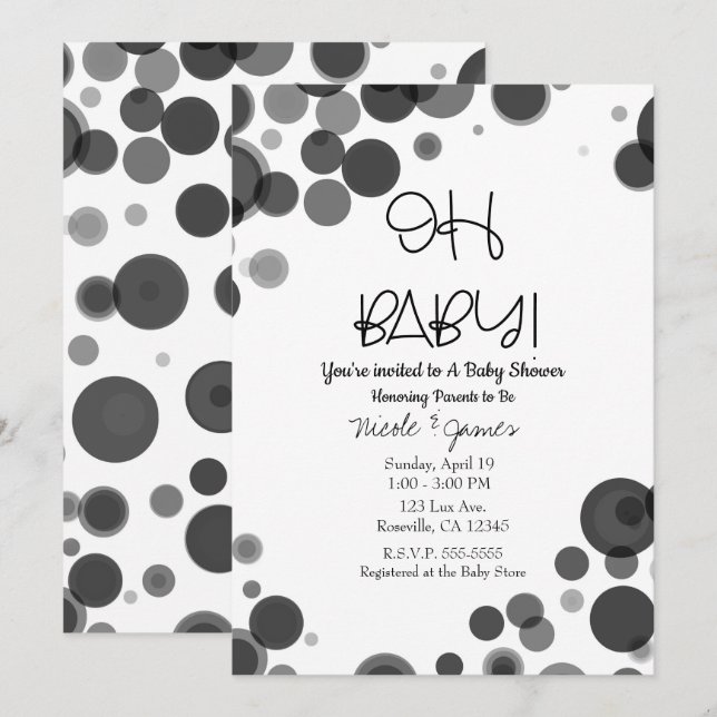 Invitation Black White Polka Dot Bubles OH Baby shower (Devant / Derrière)