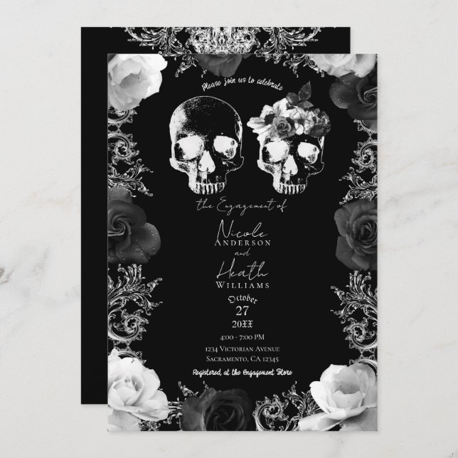 Invitation Black White Roses Skeleton Skeleton Parti d'engage (Devant / Derrière)