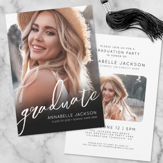 Invitation Black White Script Simple Photo Graduation (Black White Script Simple Photo Graduation Invitation)