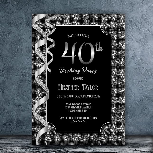 Invitation Black White Sequins 40e anniversaire fête (Créateur téléchargé)