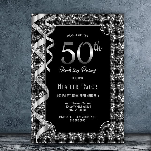 Invitation Black White Sequins 50e anniversaire fête (Créateur téléchargé)